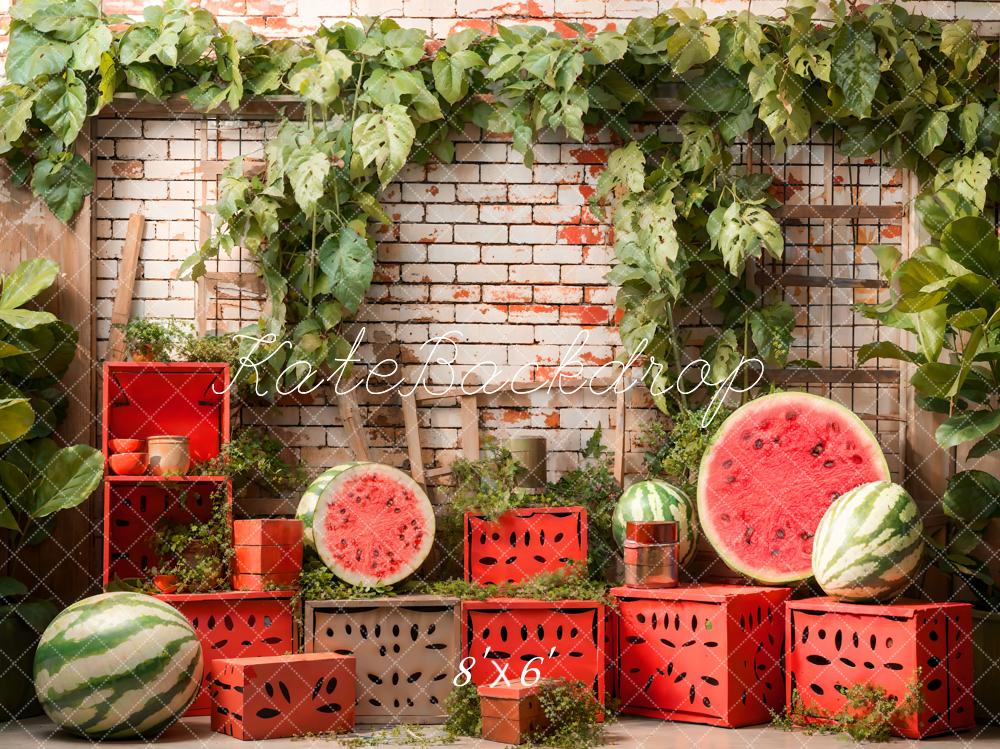 Caja roja de verano con planta verde y pared de ladrillos con fondo de sandía diseñada por Emetselch