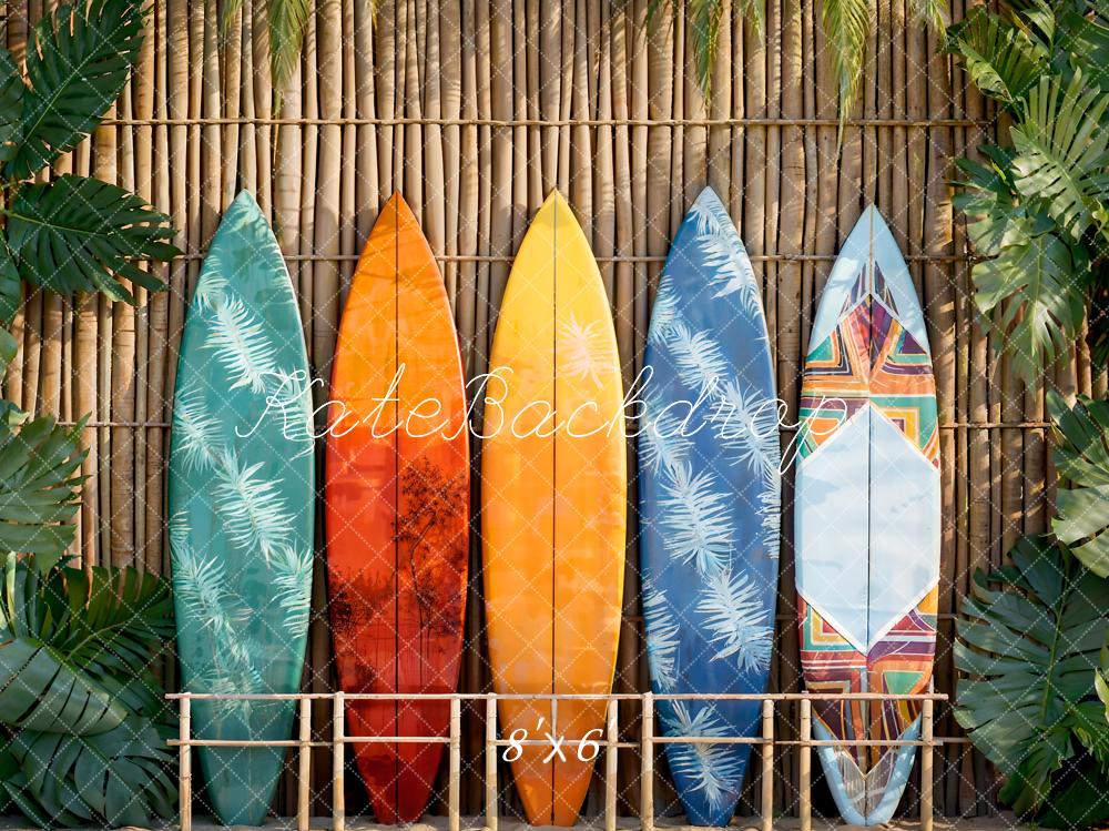 Kate Summer Wooden Wall Green Plants Seaside Colorful Surfboards Backdrop Designed by Emetselch