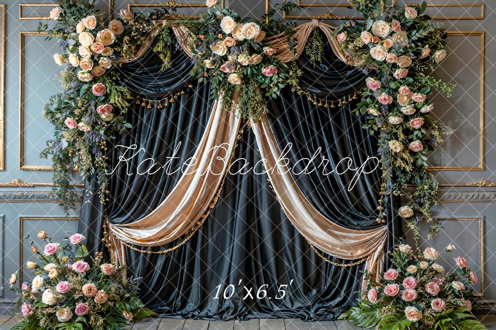 Kate Art Floral Black Curtain Grey Retro Wall Backdrop Designed by Emetselch