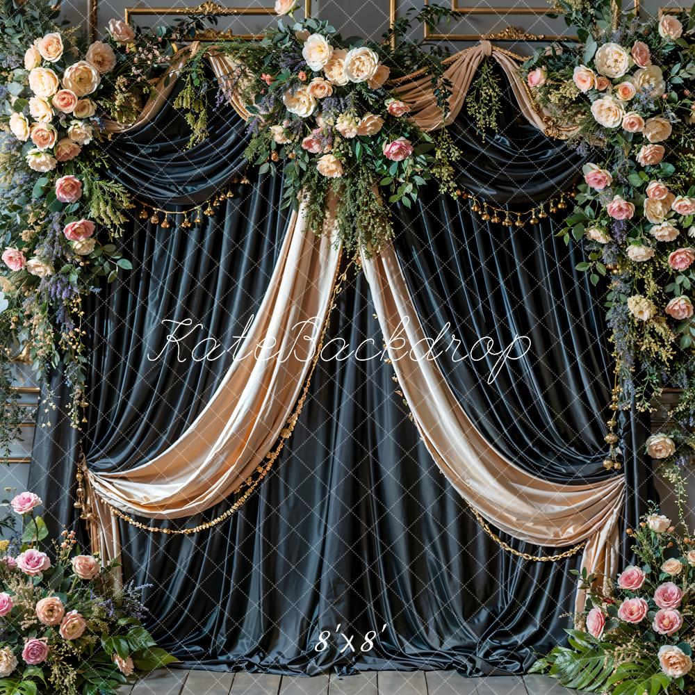 Kate Art Floral Black Curtain Grey Retro Wall Backdrop Designed by Emetselch