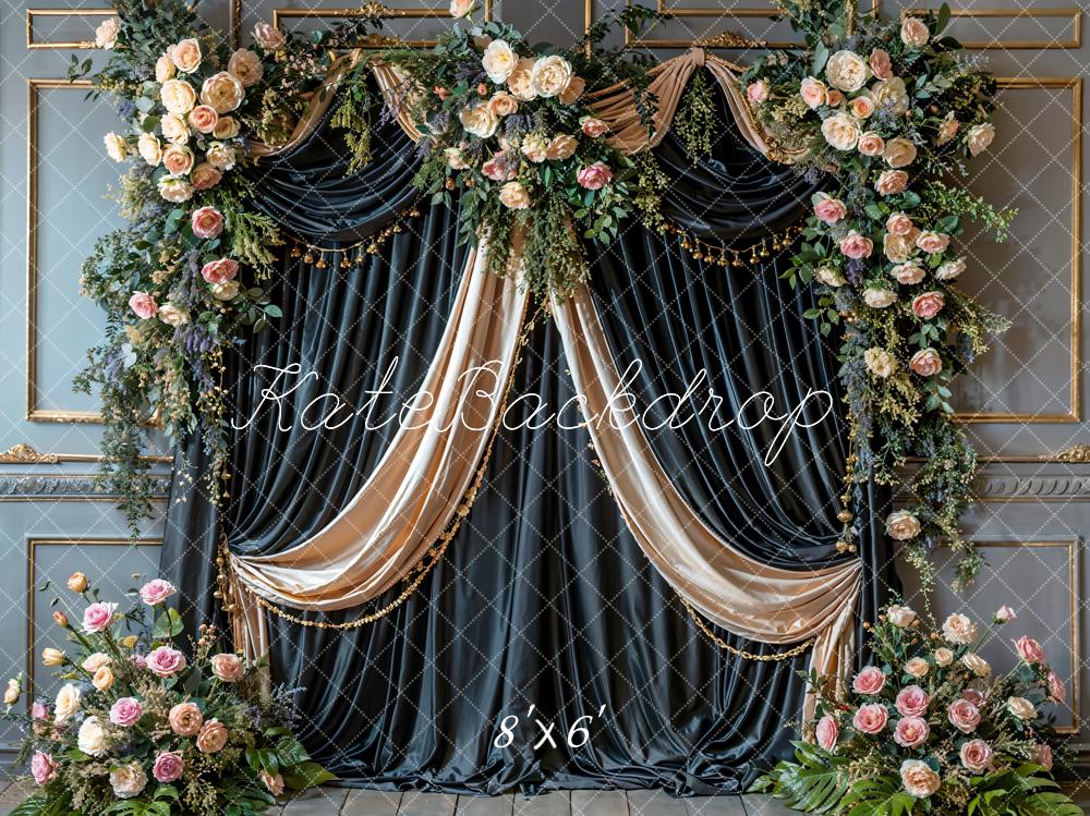 Kate Art Floral Black Curtain Grey Retro Wall Backdrop Designed by Emetselch