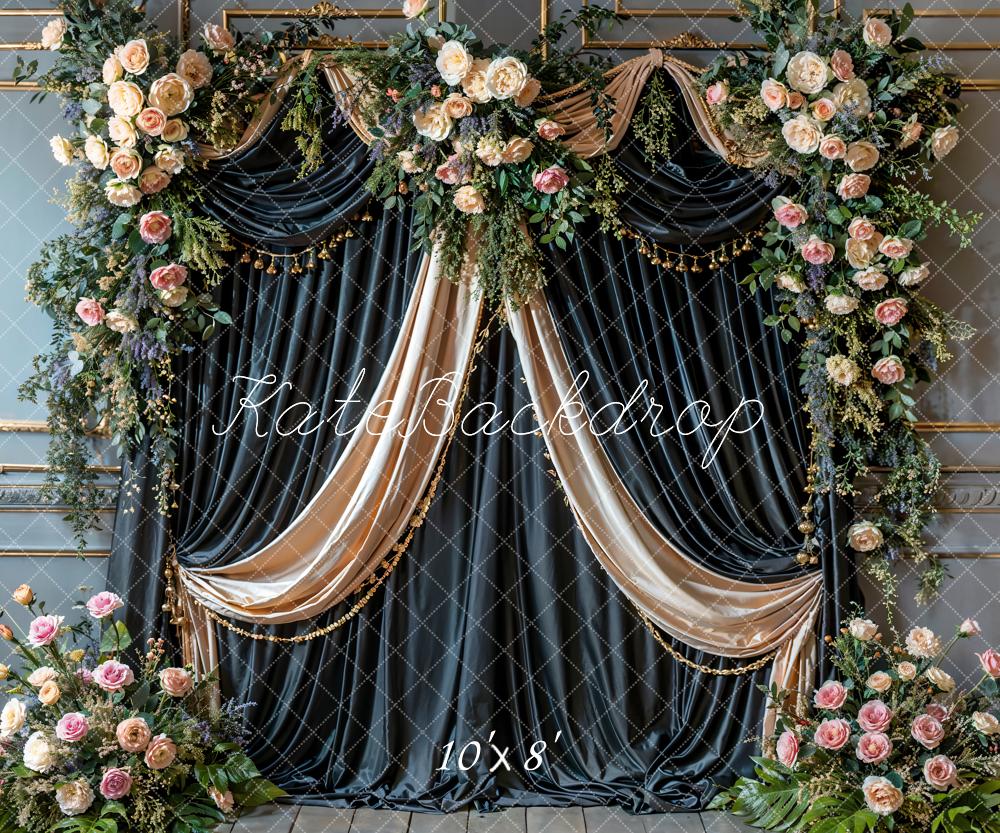 Kate Art Floral Black Curtain Grey Retro Wall Backdrop Designed by Emetselch