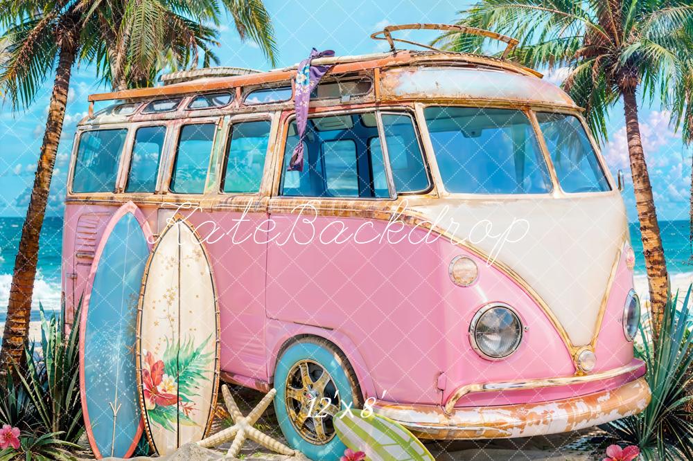 Sfondo con auto rosa e tavola da surf al mare d'estate progettato da Emetselch