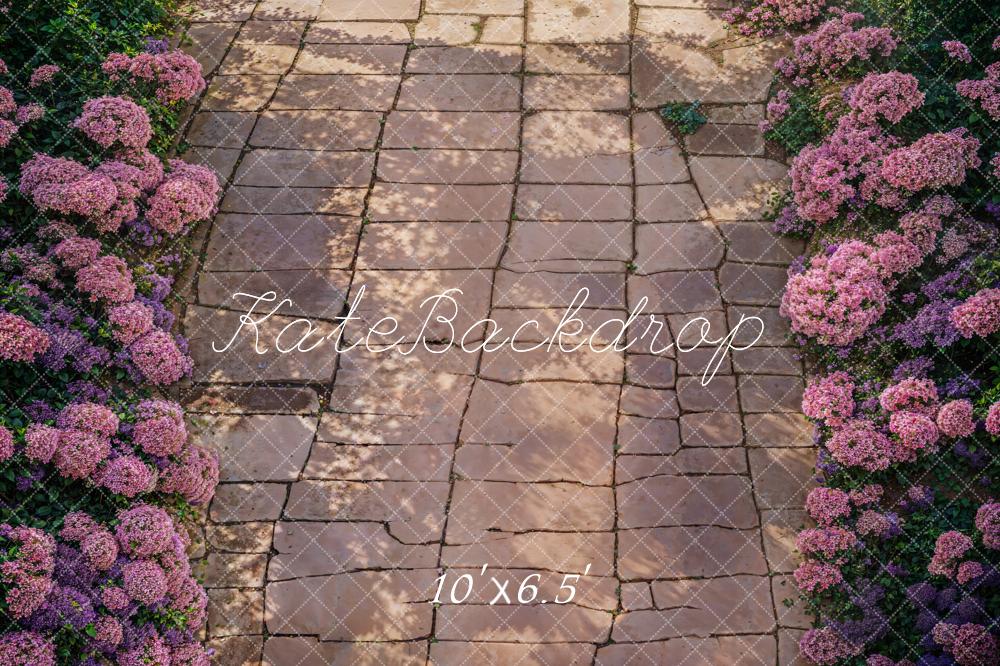 Kate Spring Purple Blooming Flowers Dark Brown Stone Path Floor Backdrop Designed by Kate Image