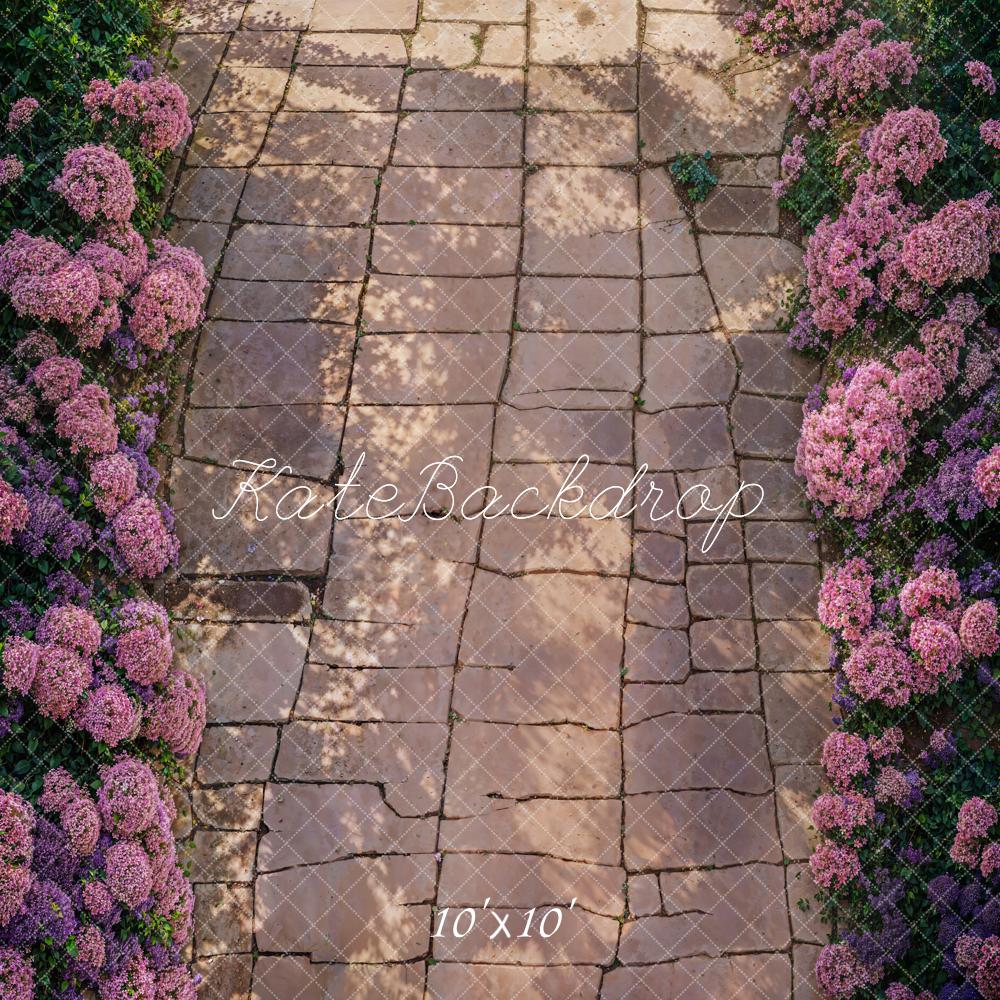 Kate Spring Purple Blooming Flowers Dark Brown Stone Path Floor Backdrop Designed by Kate Image