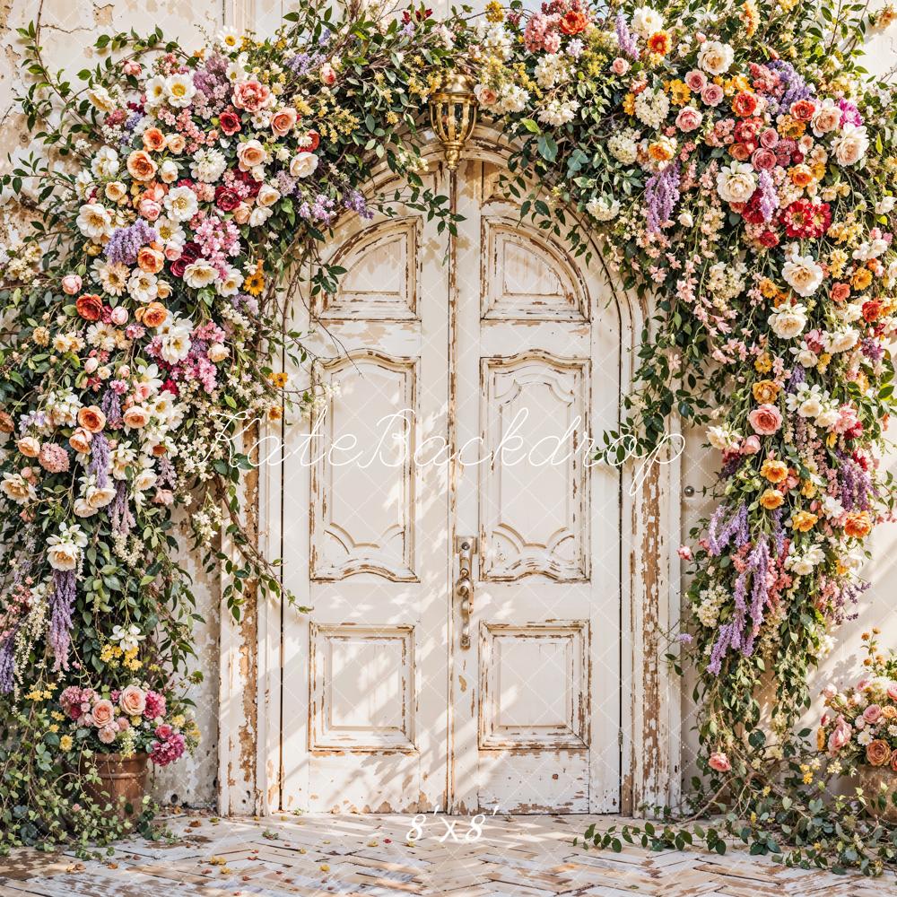 Kate Spring Art Colorful Flowers Wooden Arch Door Old Brick Wall Backdrop Designed by Emetselch