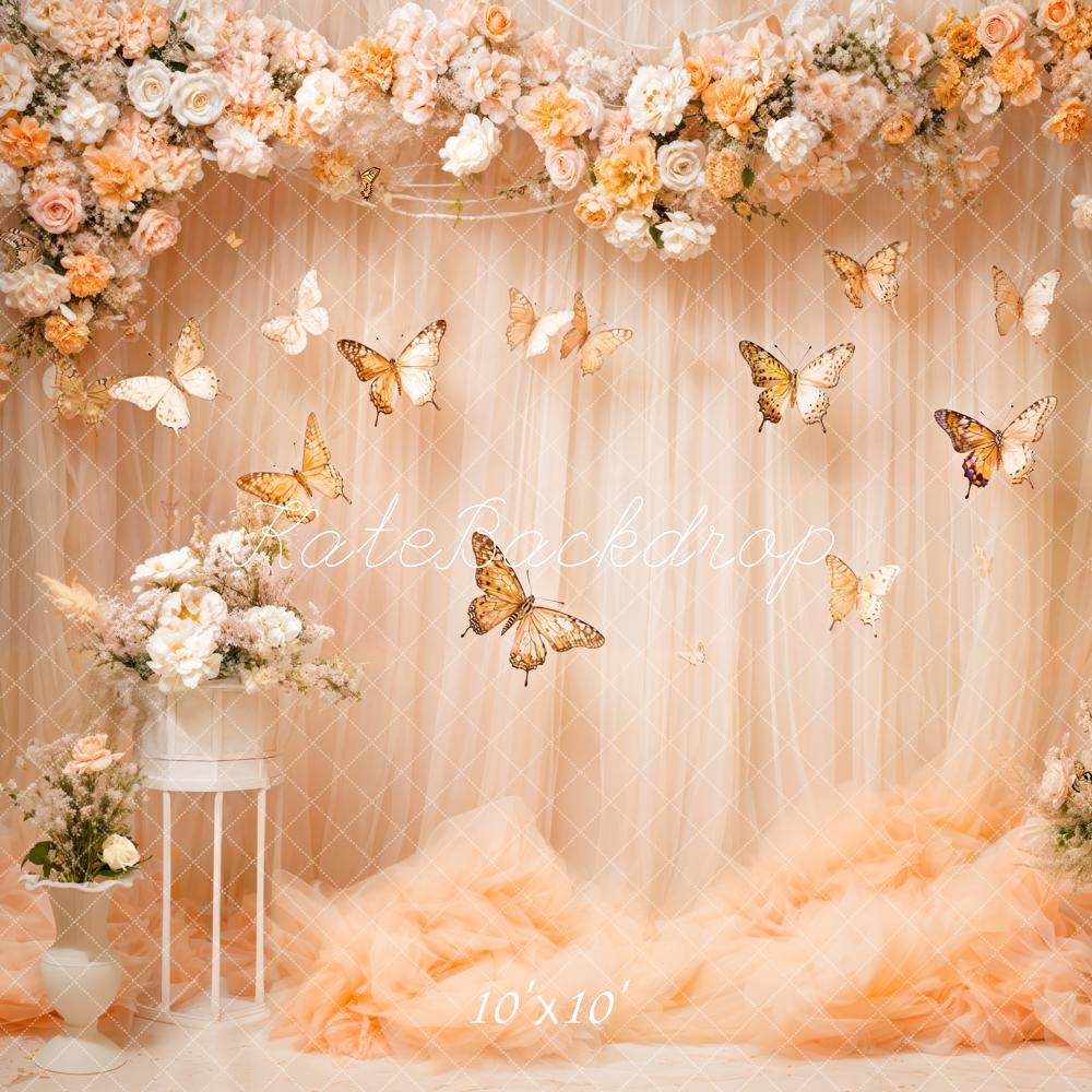 Kate Art Colorful Flower Butterfly Light Beige Curtain Backdrop Designed by Emetselch