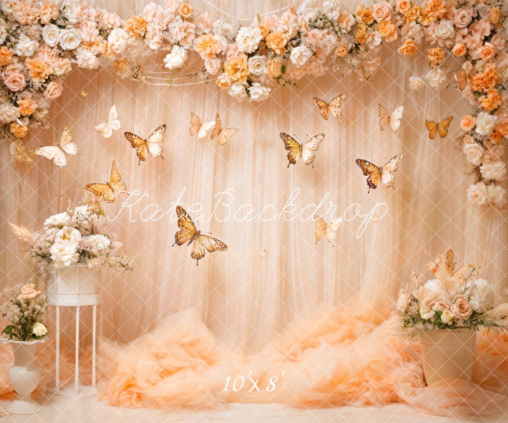 Kate Art Colorful Flower Butterfly Light Beige Curtain Backdrop Designed by Emetselch