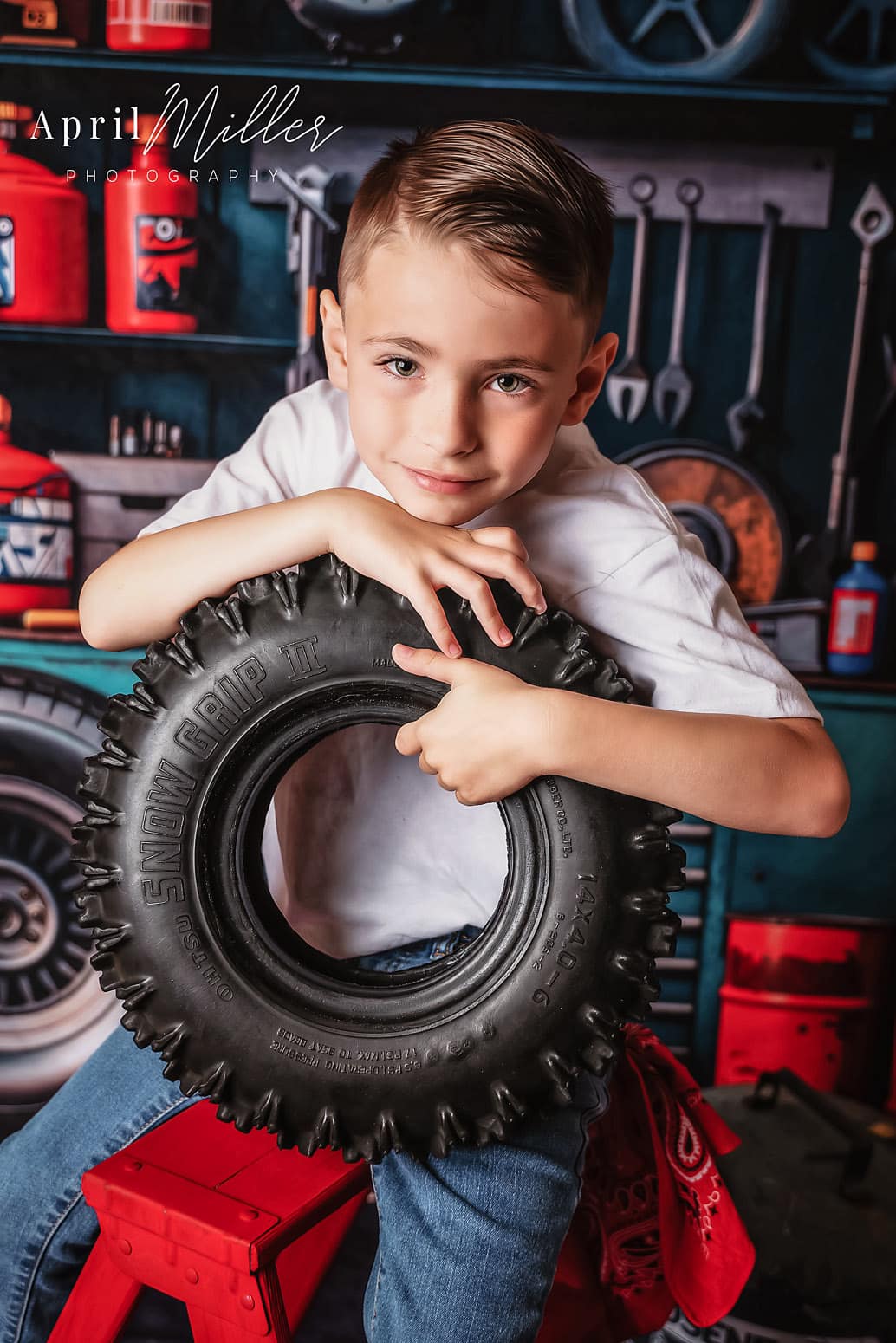 Kate Modern Tool Holder and Tires Red Tanker Garage Backdrop Designed by Emetselch