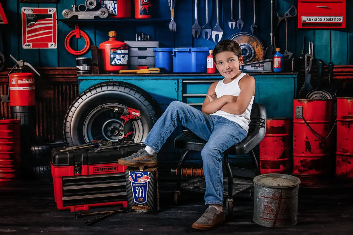 Kate Modern Tool Holder and Tires Red Tanker Garage Backdrop Designed by Emetselch