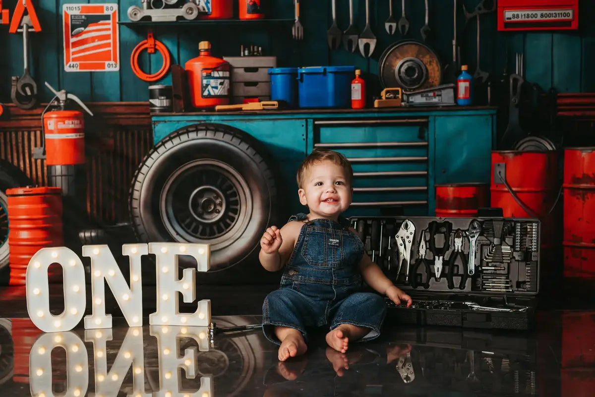 Kate Modern Tool Holder and Tires Red Tanker Garage Backdrop Designed by Emetselch