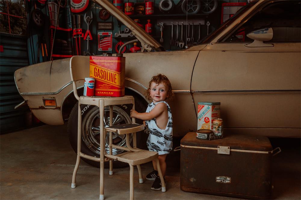 Kate Modern Tool Holder and Tires Red Tanker Garage Backdrop Designed by Emetselch