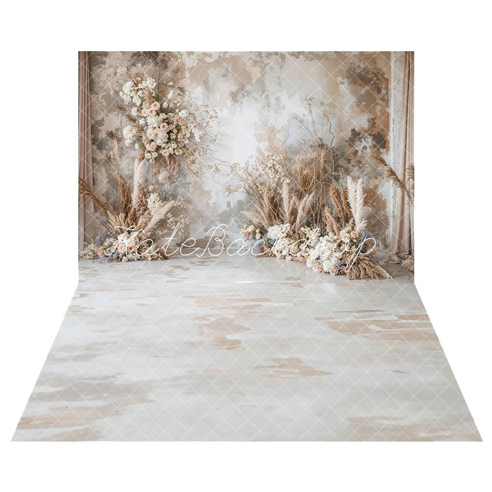 Kate Boho Abstract Art Flower Reed Light Grey Wall Backdrop+Retro White Brown Marble Floor Backdrop