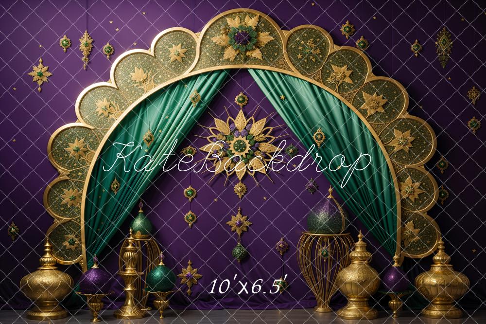 Kate Golden Crescent Arch and Green Curtain Backdrop Backdrop Designed by Emetselch