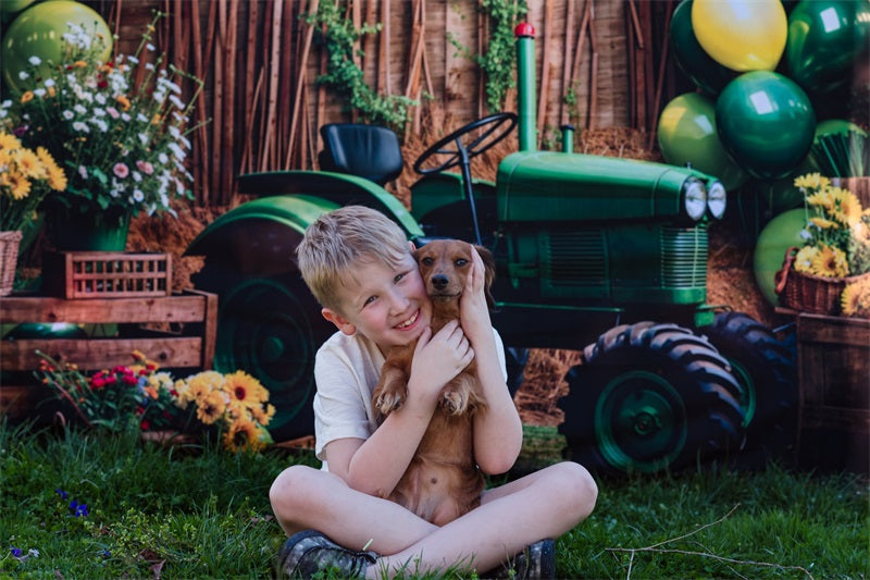 Kate Summer Sunflowers Green Balloon Tractor Backdrop Designed by Emetselch