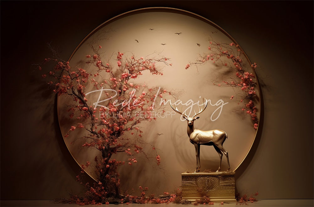 Art Dark Brown Circle Red Flower Metal Deer Backdrop Ontworpen door Lidia Redekopp