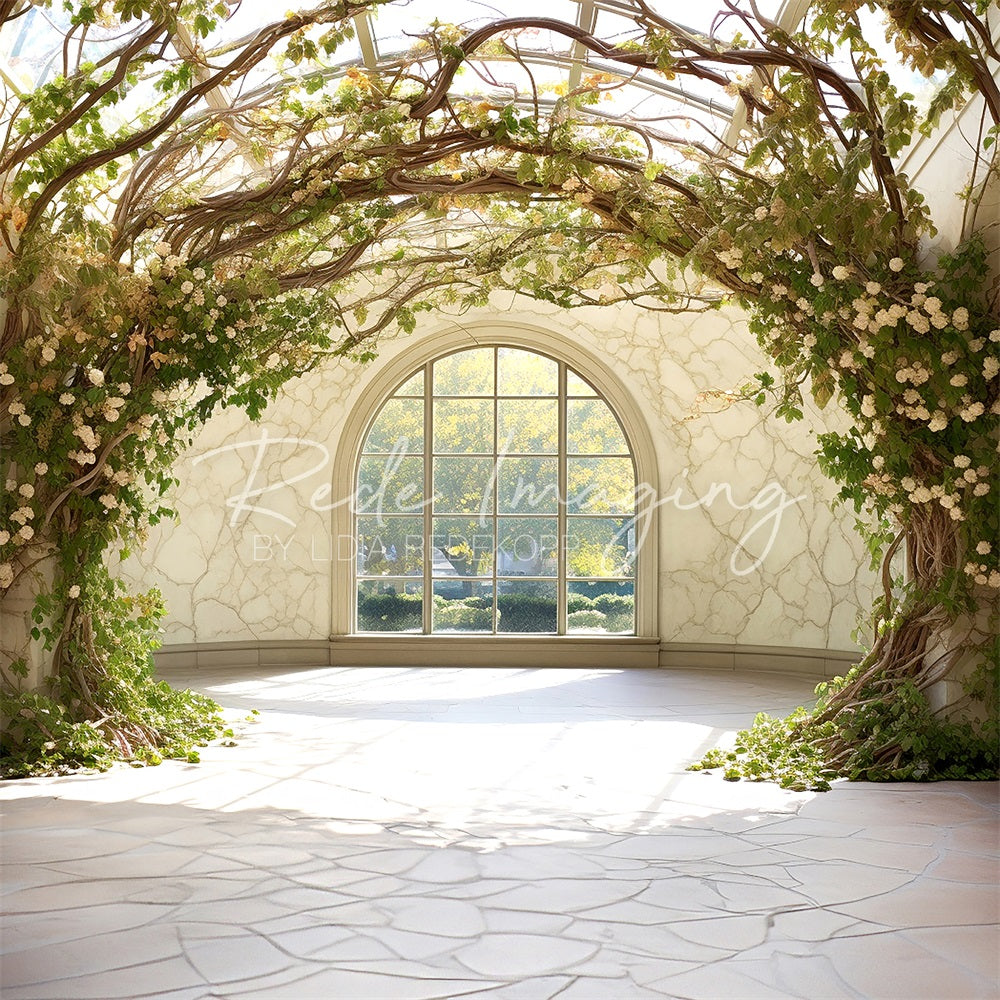 Kate Summer Branch Vine Flower Veranda White Arched Window Door Backdrop Designed by Lidia Redekopp