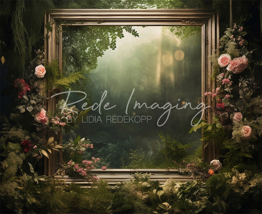 Kate Spring Green Forest Pink Rose Golden Frame Backdrop Designed by Lidia Redekopp