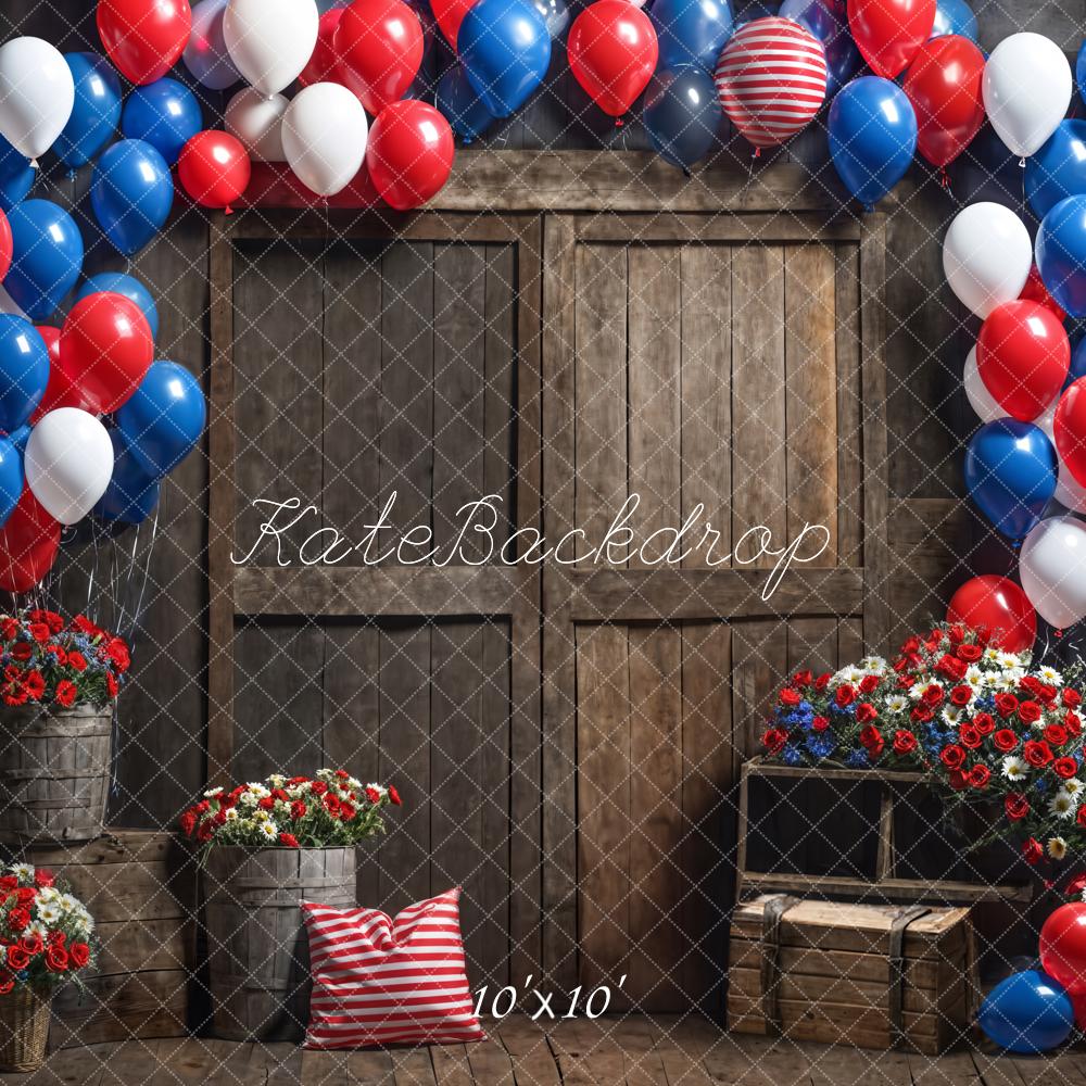 Kate Blue Balloon Red Flowers Dark Brown Barn Door Backdrop Designed by Emetselch