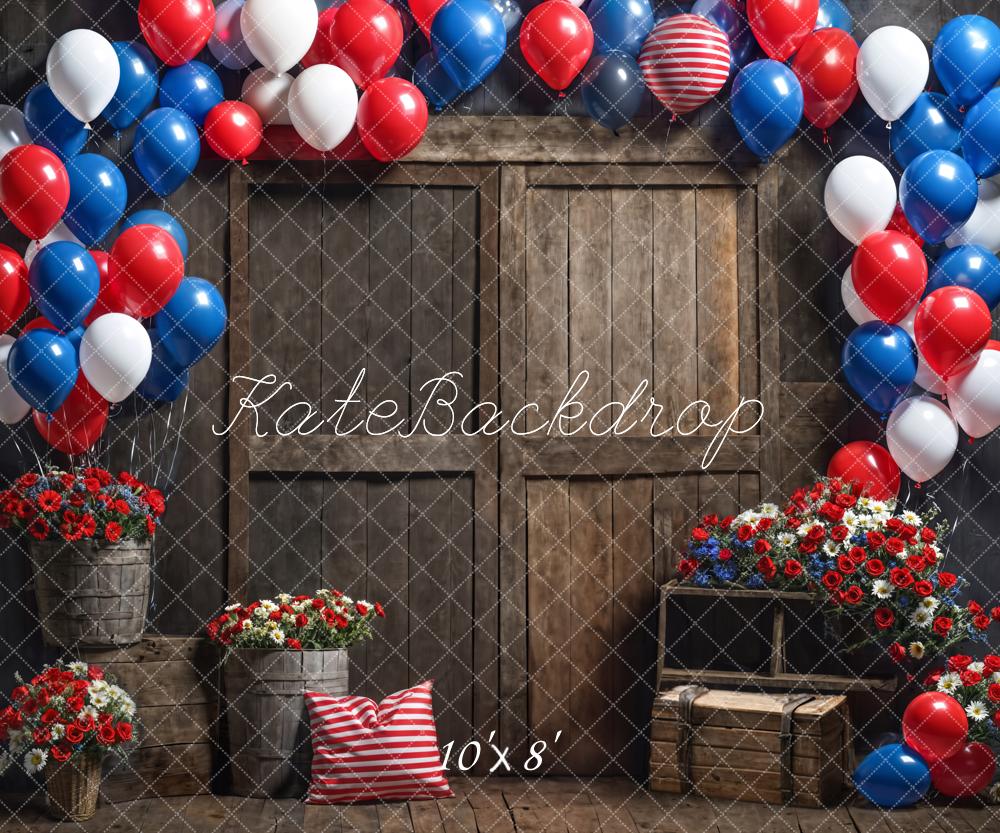 Kate Blue Balloon Red Flowers Dark Brown Barn Door Backdrop Designed by Emetselch