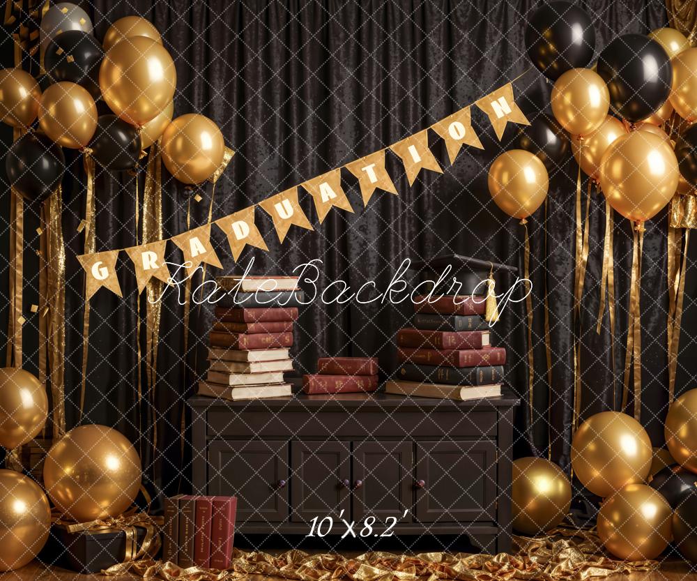 Kate Graduation/Back to School Book Black Curtain Golden Balloon Backdrop Designed by Emetselch