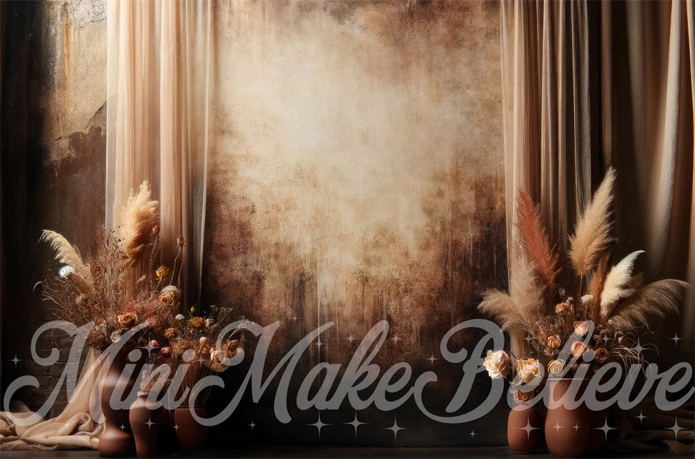 Donkere bruine Boho Pampas Bloemenverloopmuurachtergrond ontworpen door Mini MakeBelieve