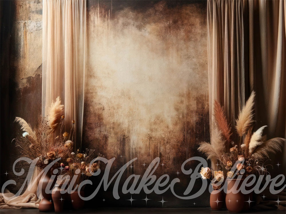 Kate Dark Brown Boho Pampas Floral Gradient Wall Backdrop Designed by Mini MakeBelieve