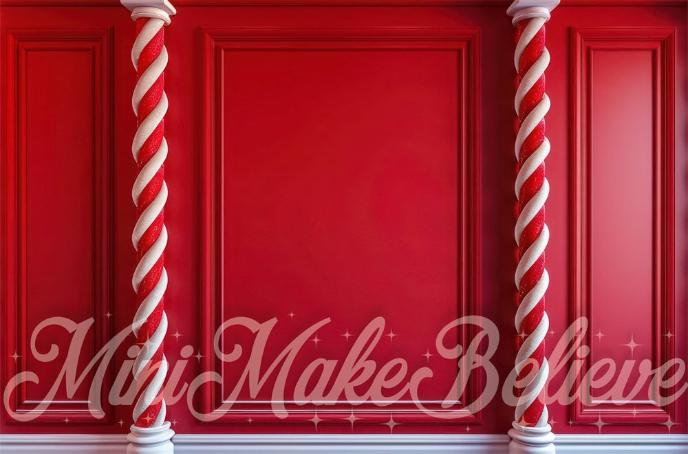 Kate Christmas Retro Red White Candy Column Striped Wall Backdrop Designed by Mini MakeBelieve