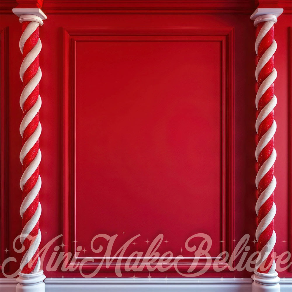 Kate Christmas Retro Red White Candy Column Striped Wall Backdrop Designed by Mini MakeBelieve