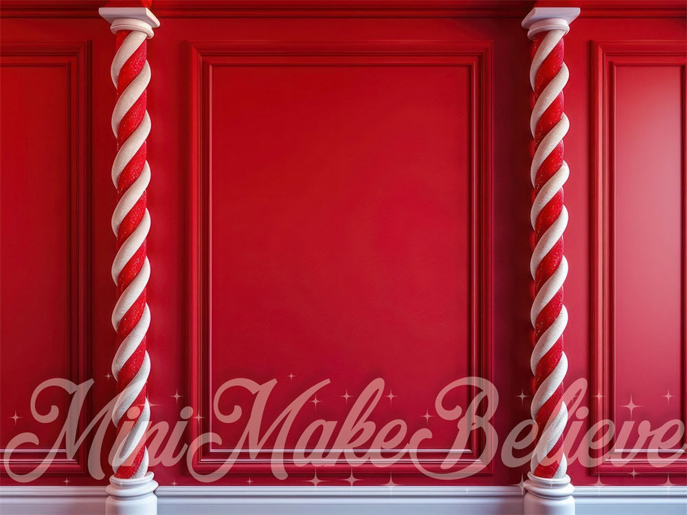 Natale Retrò Colonna di caramelle rosse e bianche a righe Sfondo del muro progettato da Mini MakeBelieve