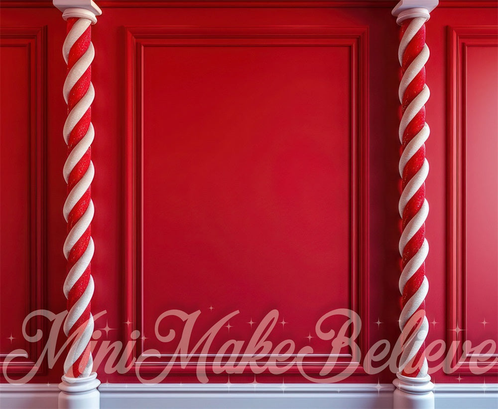 Fondo de pared a rayas de columnas de dulces rojos y blancos retro de Navidad diseñado por Mini MakeBelieve.