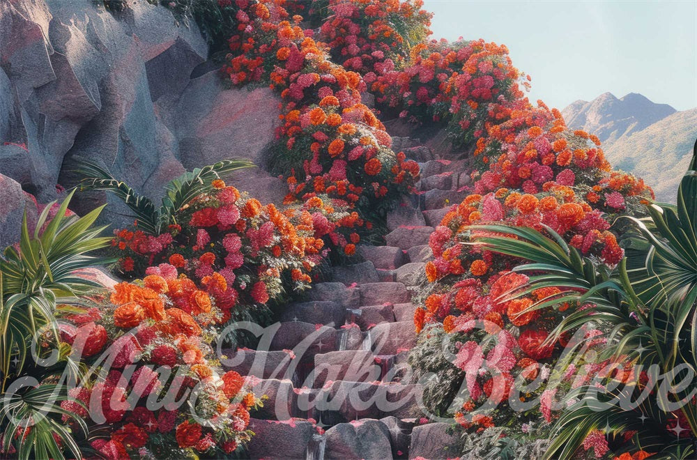 Fondo de escalera de piedra en espiral con flores tropicales rojas diseñado por Mini MakeBelieve