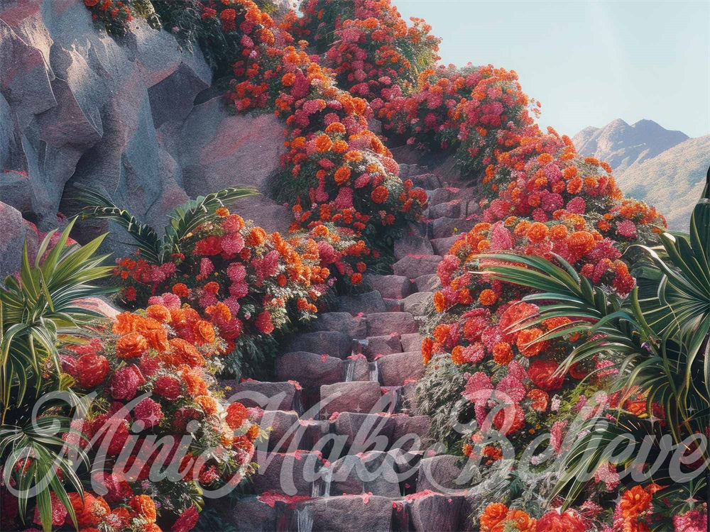 Fondo de escalera de piedra en espiral con flores tropicales rojas diseñado por Mini MakeBelieve