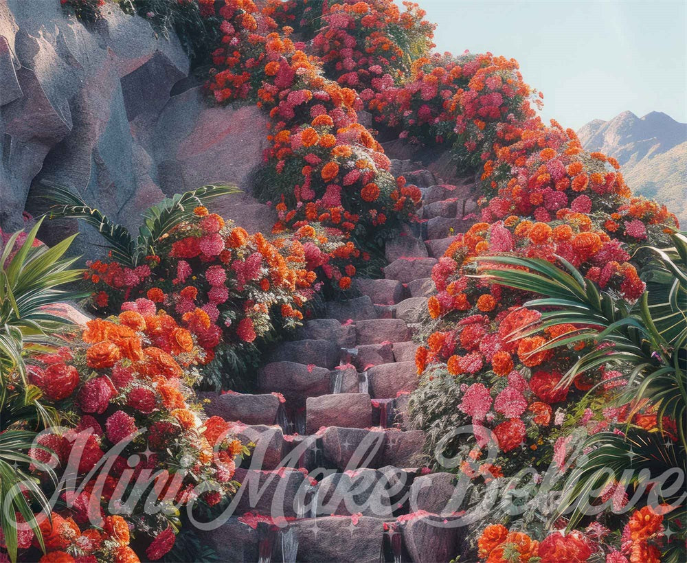 Fondo de escalera de piedra en espiral con flores tropicales rojas diseñado por Mini MakeBelieve