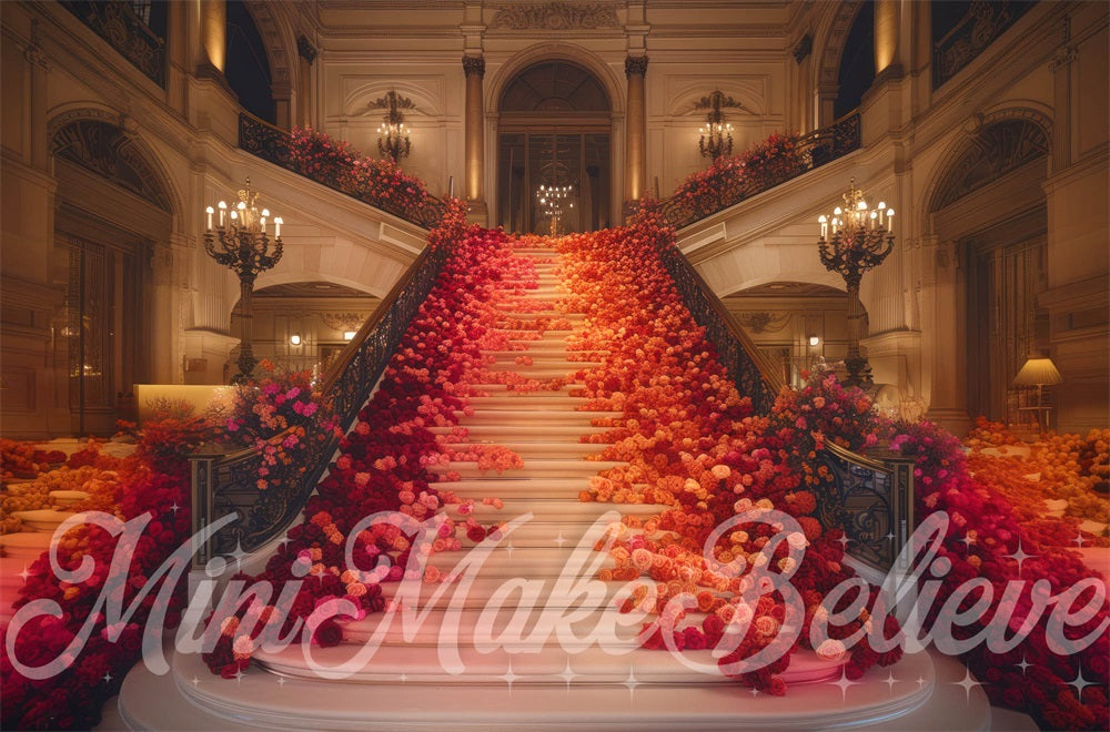 Fondo de escalera vintage de flores rojas y rosas diseñado por Mini MakeBelieve