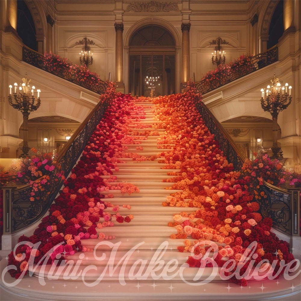 Kate Vintage Grand Red Pink Flower Staircase Backdrop Designed by Mini MakeBelieve