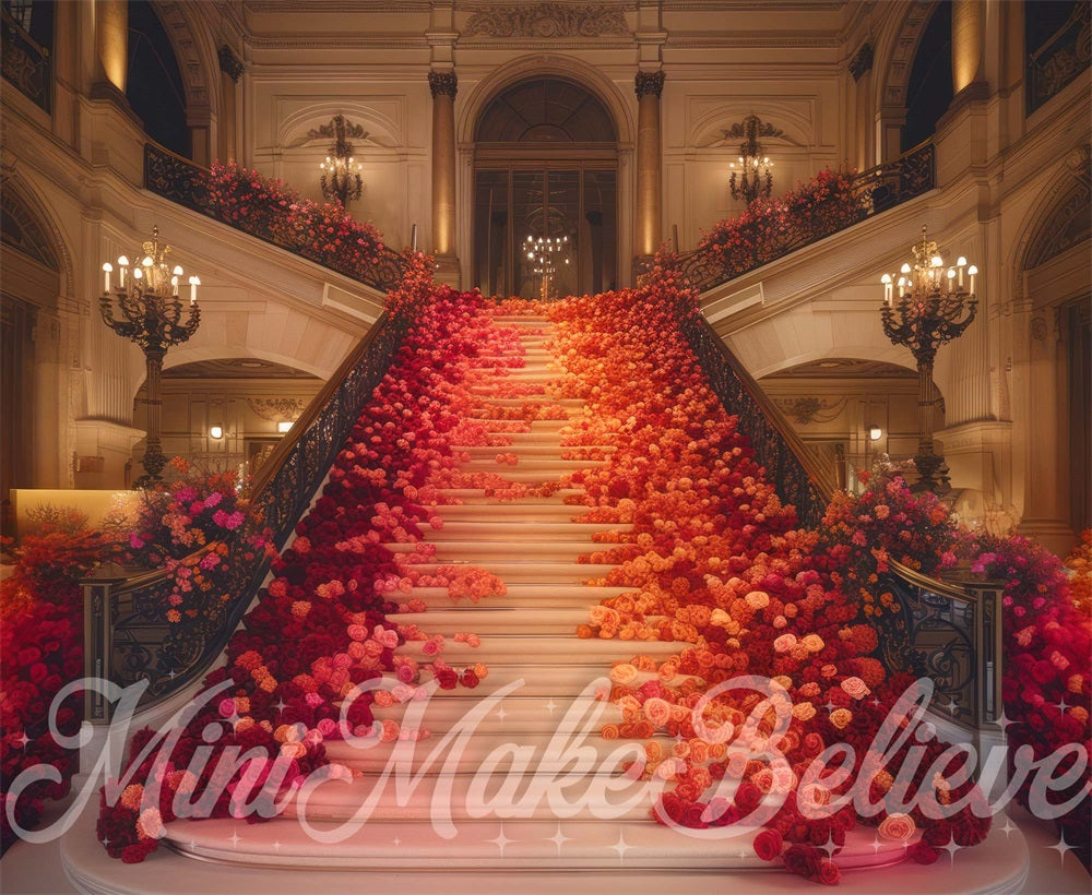 Fondo de escalera vintage de flores rojas y rosas diseñado por Mini MakeBelieve