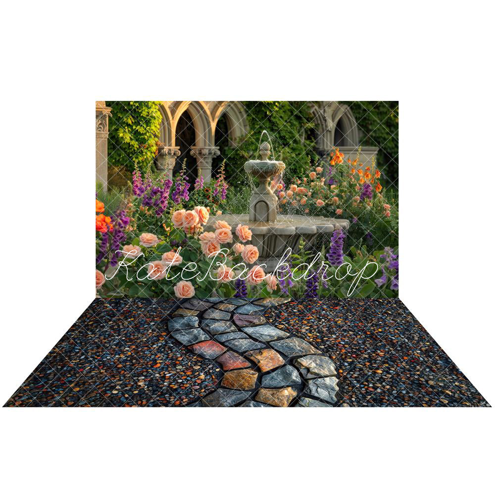 Primavera verde pianta colorata fiore arco parete fontana giardino sfondo + sentiero di pietre colorate tappetino in gomma per il pavimento