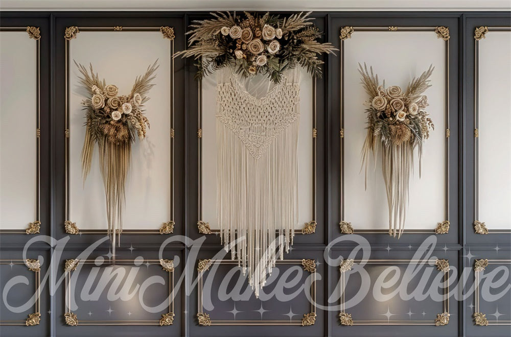 Boho Zwart Macrame Bloemenmuurachtergrond Ontworpen door Mini MakeBelieve