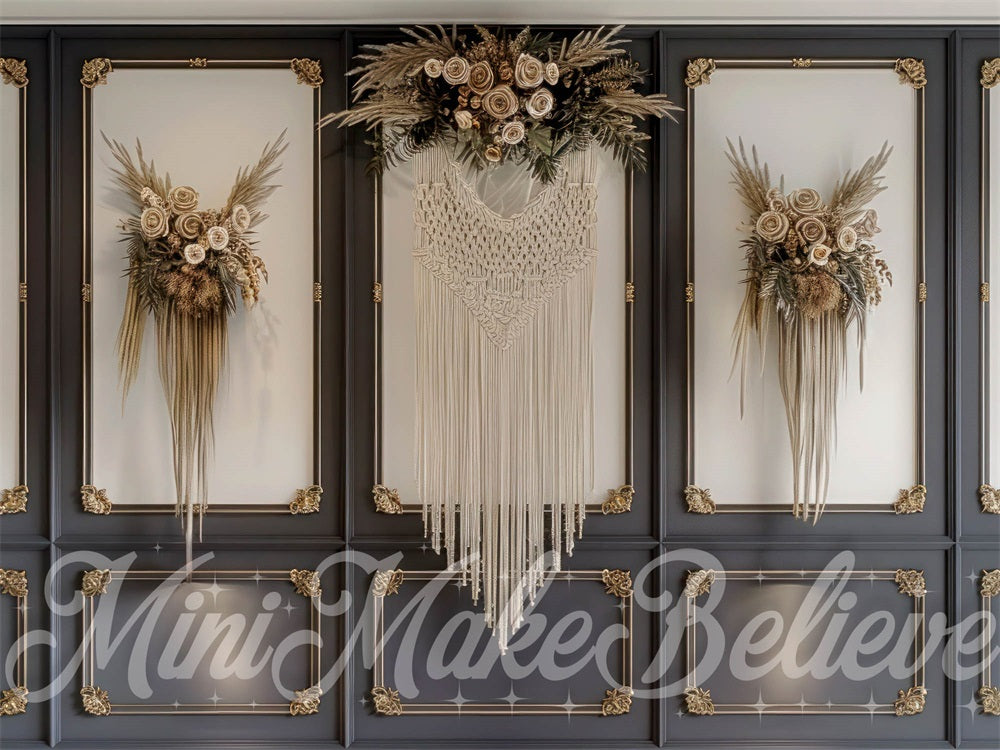 Boho Zwart Macrame Bloemenmuurachtergrond Ontworpen door Mini MakeBelieve