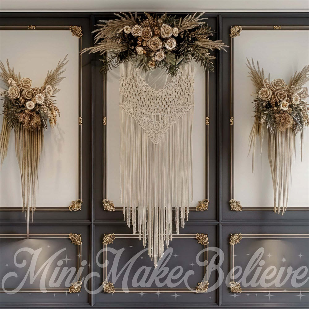 Boho Zwart Macrame Bloemenmuurachtergrond Ontworpen door Mini MakeBelieve