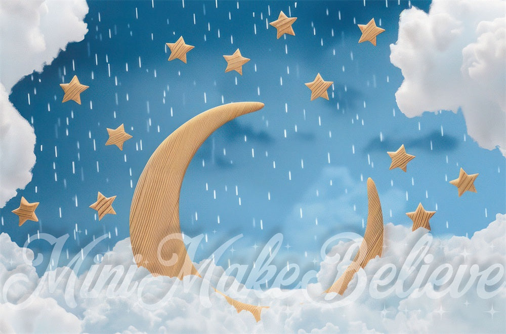 Fantasy Cartone Nuvola Bianca Pioggia Sfondo Stelle e Luna in Legno Marrone Chiaro progettato da Mini MakeBelieve