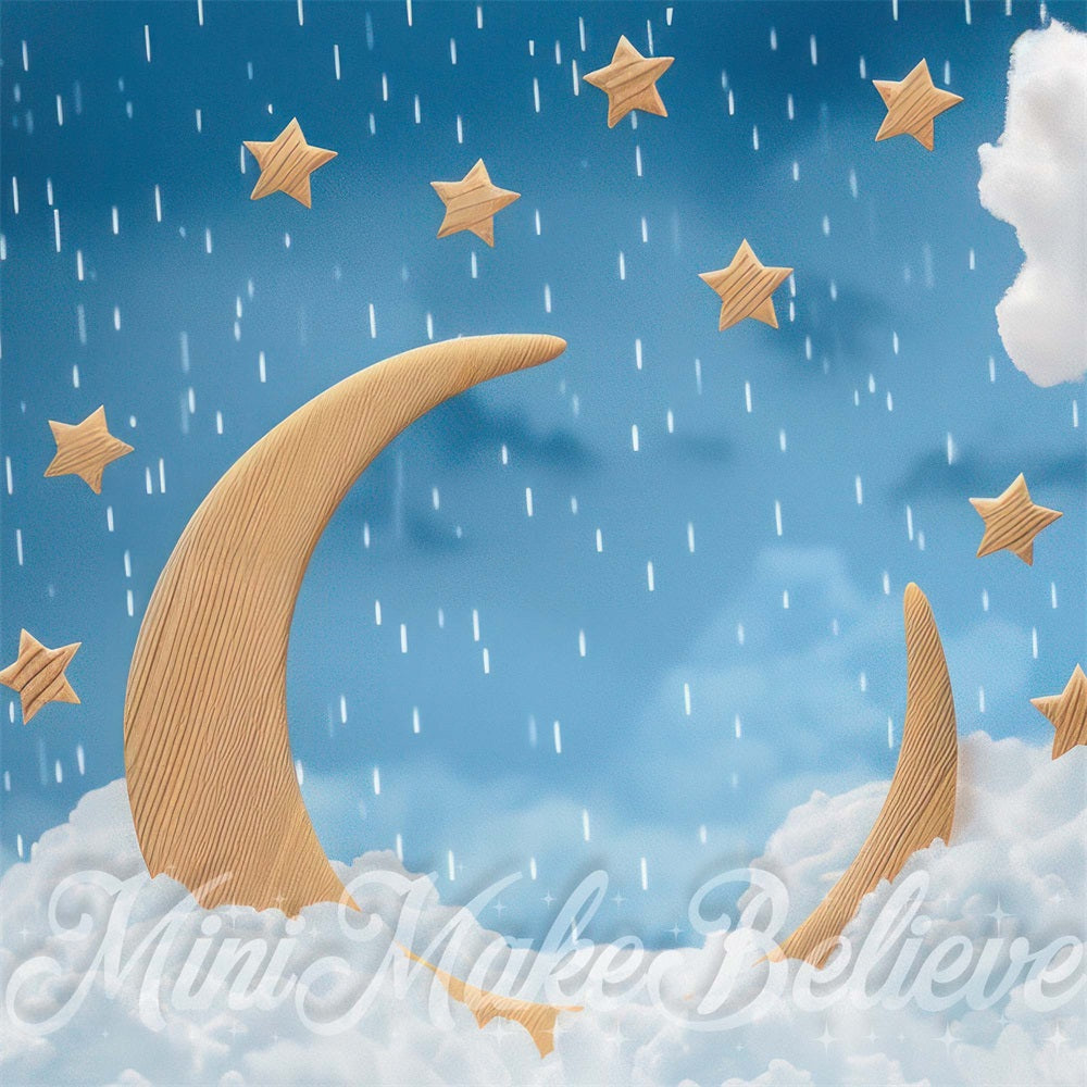 Fantasy Cartone Nuvola Bianca Pioggia Sfondo Stelle e Luna in Legno Marrone Chiaro progettato da Mini MakeBelieve