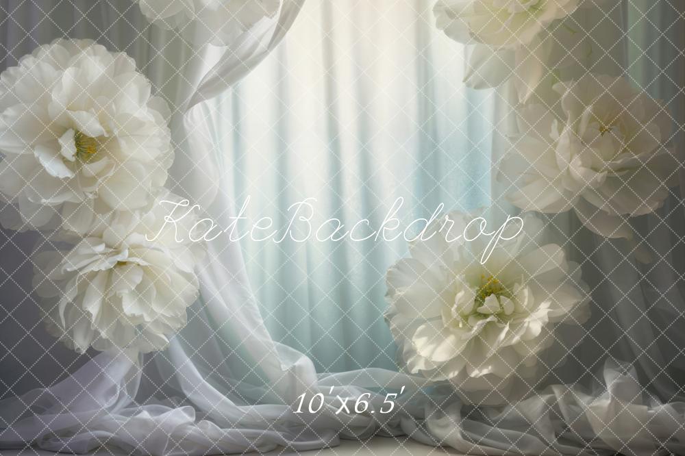 Kate White Blooming Flower Green Gradient Soft Curtain Backdrop Designed by Emetselch