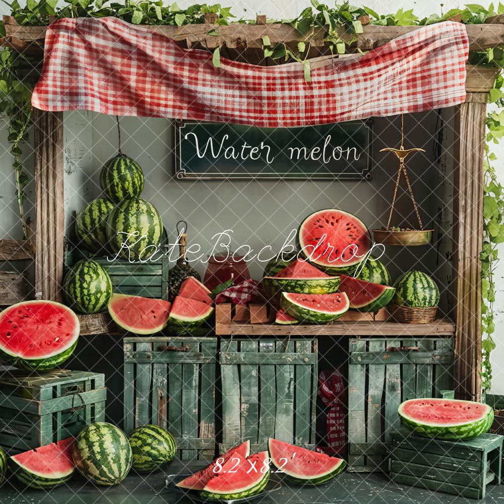 Kate Summer Green Cabinet Red Plaid Brown Wooden Watermelon Shop Backdrop Designed by Emetselch