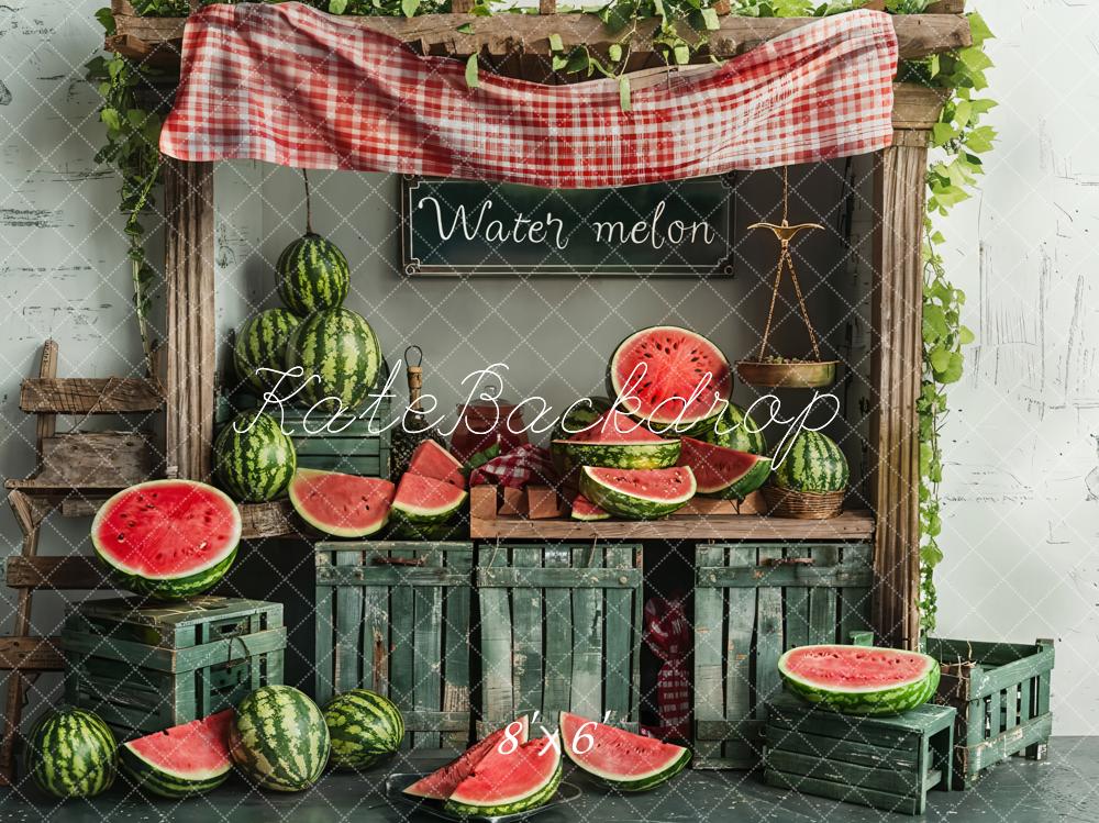 Kate Summer Green Cabinet Red Plaid Brown Wooden Watermelon Shop Backdrop Designed by Emetselch