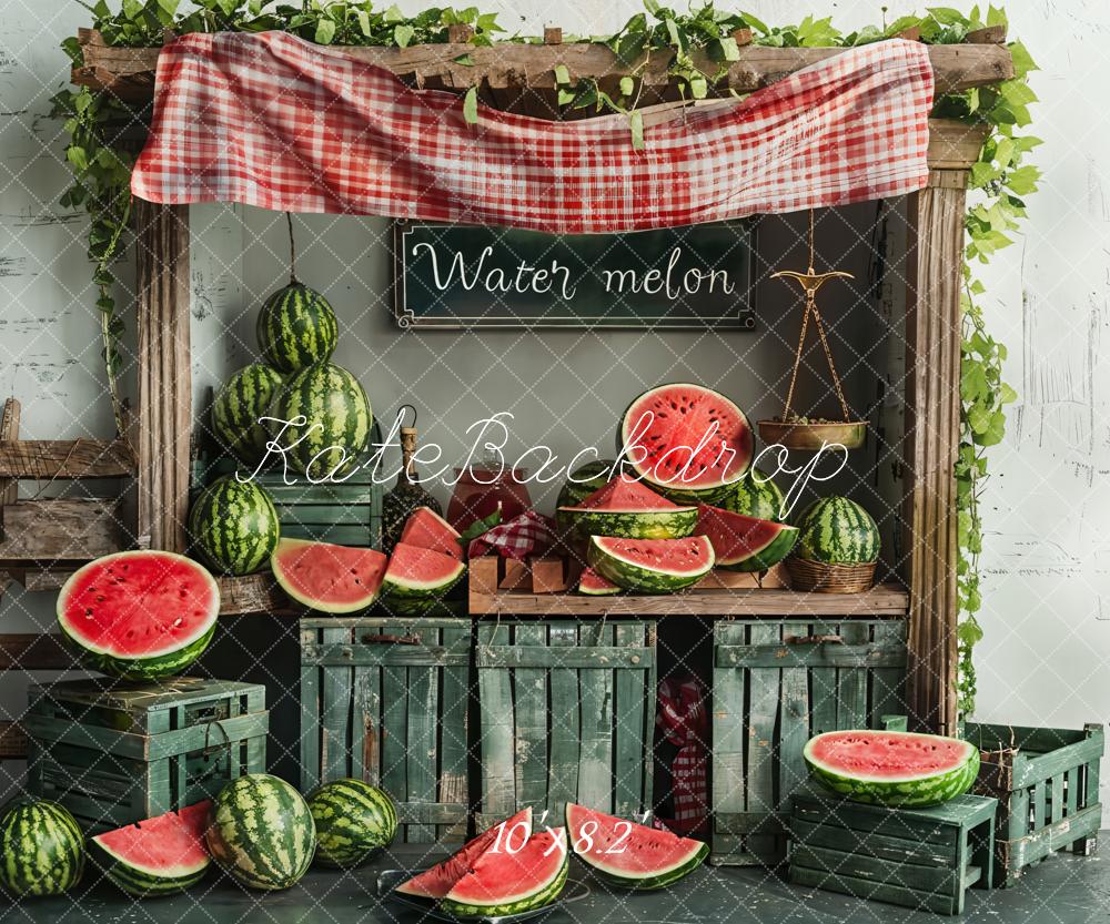 Kate Summer Green Cabinet Red Plaid Brown Wooden Watermelon Shop Backdrop Designed by Emetselch