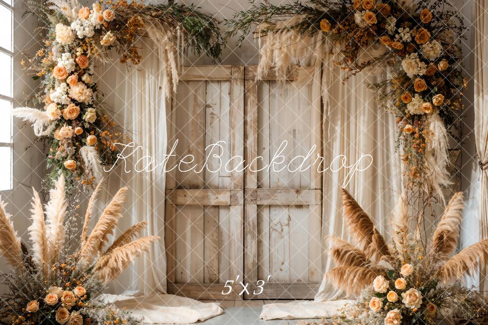 Boho Reed Colorful Flower White Curtain Light Brown Wooden Barn Door Backdrop Designato da Emetselch