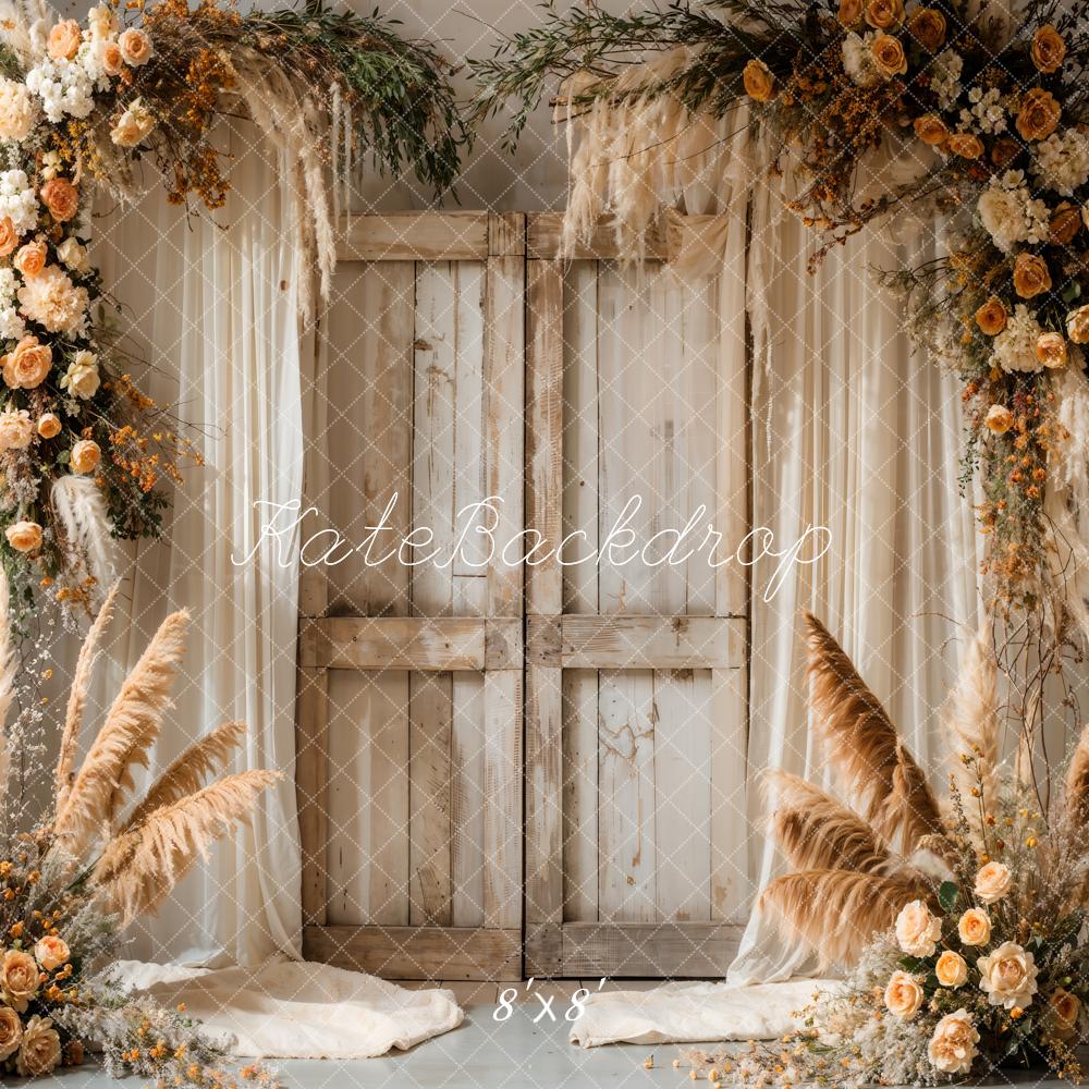 Boho Reed Colorful Flower White Curtain Light Brown Wooden Barn Door Backdrop Designato da Emetselch