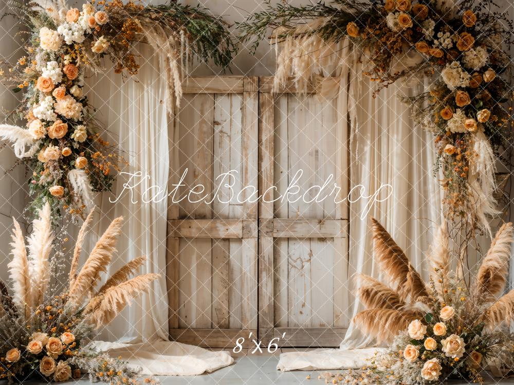 Boho Reed Colorful Flower White Curtain Light Brown Wooden Barn Door Backdrop Designato da Emetselch